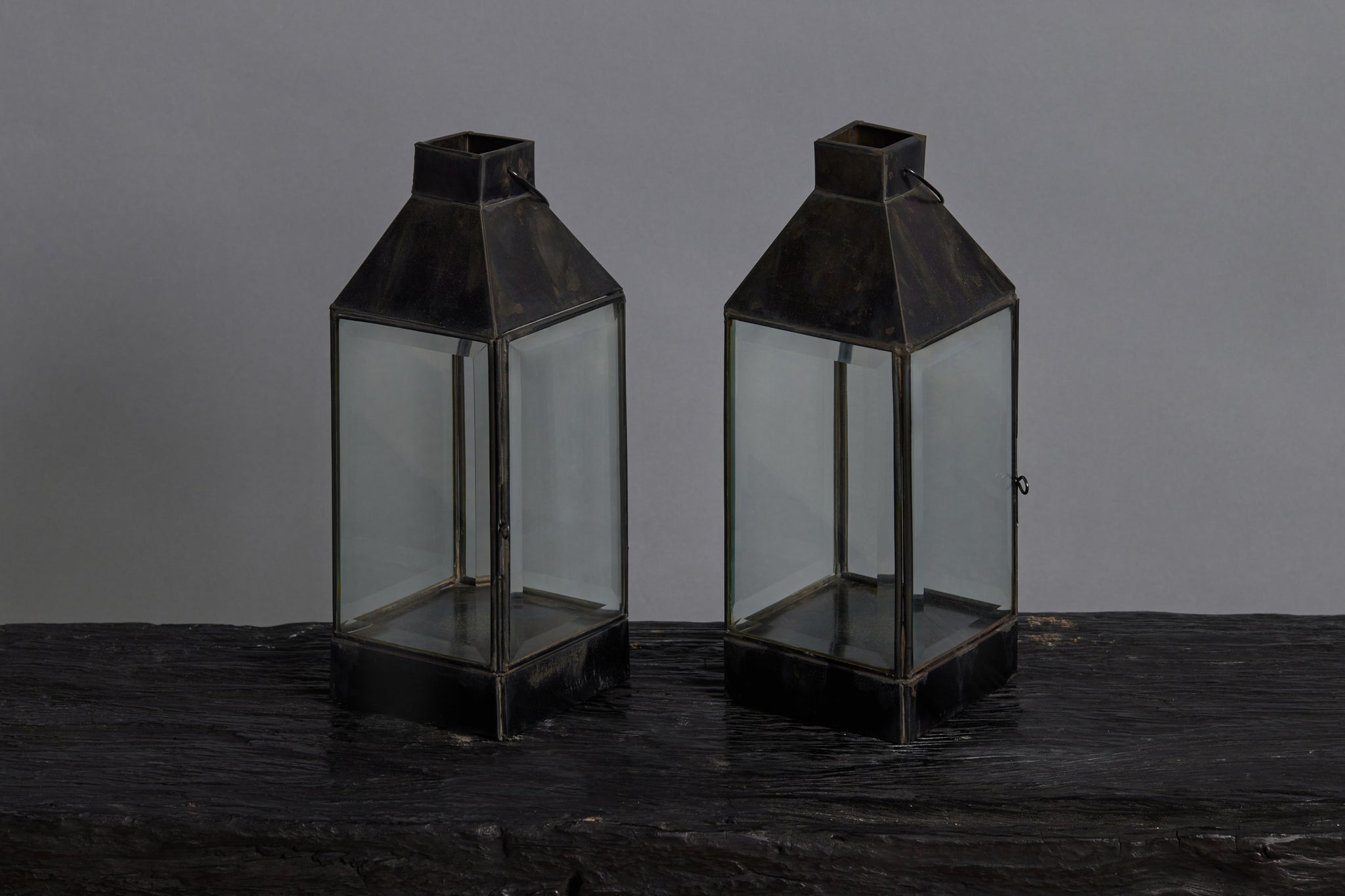 Small Tin and Beveled Glass Lantern from Bali with Tin Top