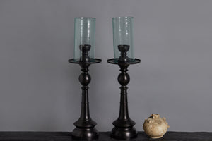 Medium Low Bronze and Glass Hurricane Candle Holder from Java