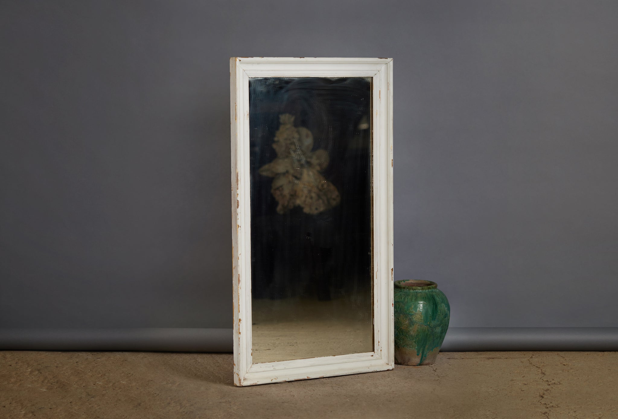 1920's French Rectangular Mirror with Original Glass and White Painted Frame over Gold