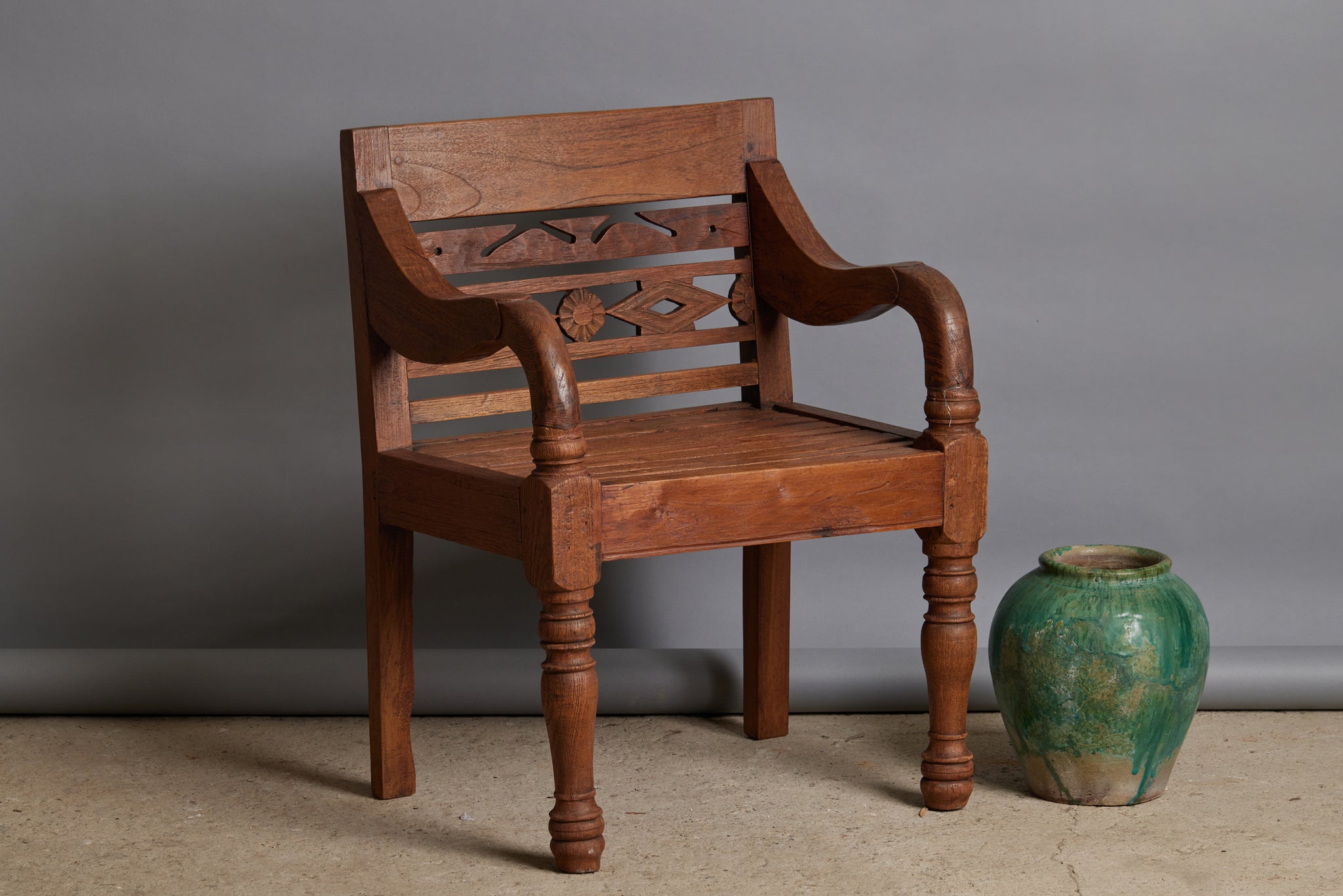 Dutch Colonial Teak Raffles Chair with Slatted Seat & Heavy Arms & Legs from Java