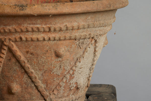 Pair of Medium Decorated Mossy Terra Cotta Pots