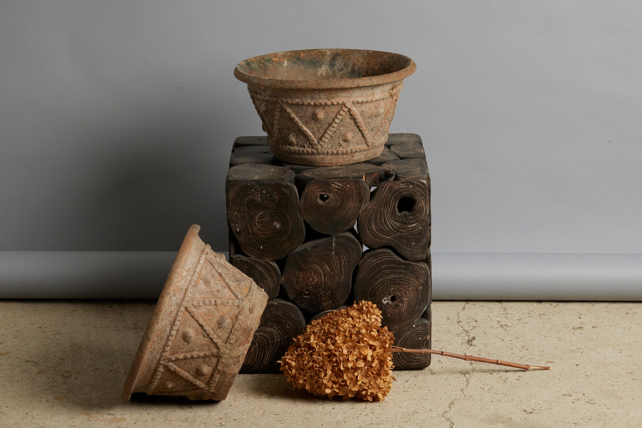 Pair of Small Decorated Mossy Terra Cotta Pots