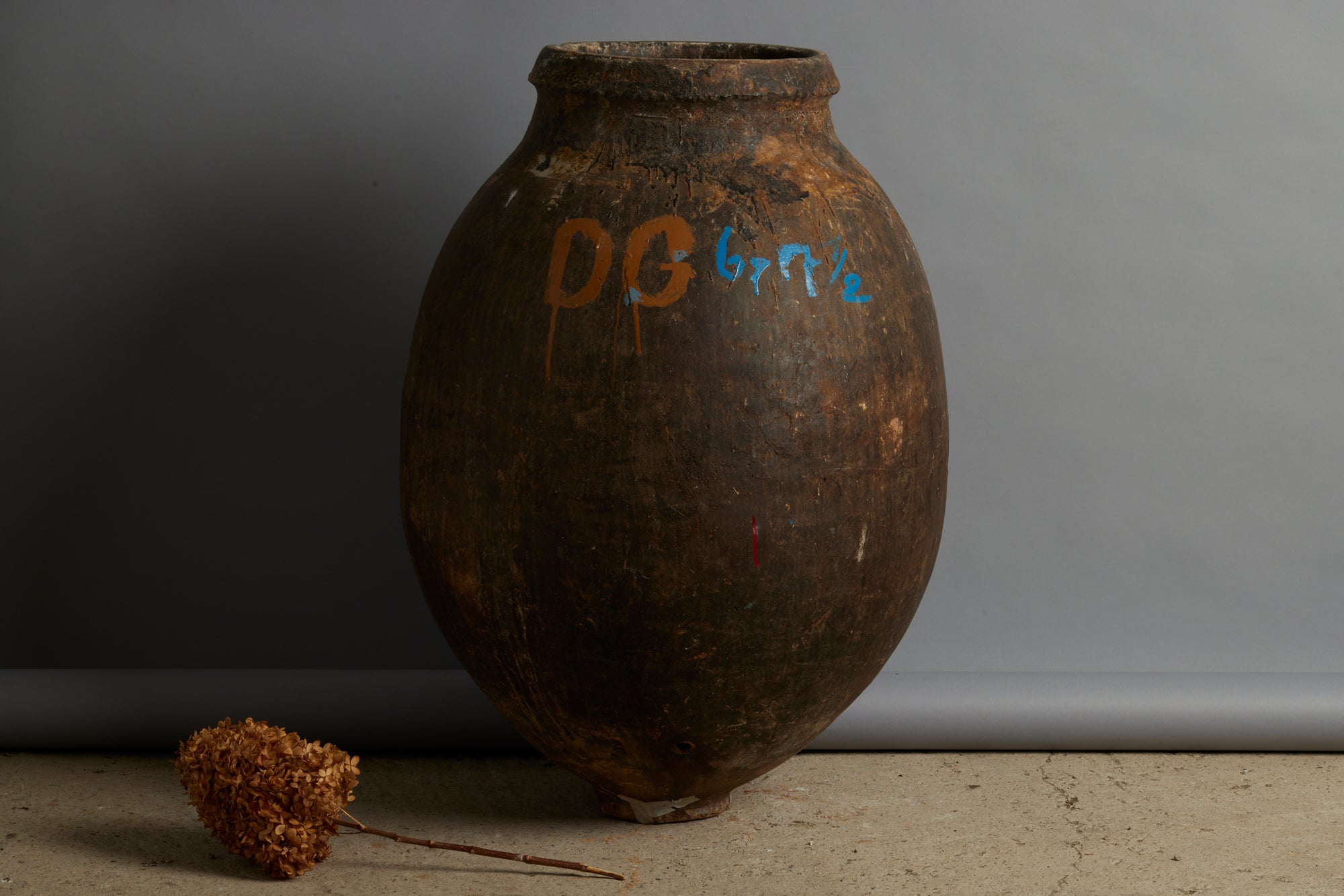 Large Portuguese Terra Cotta Oil Jar with Markings