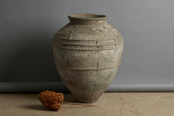 Terra Cotta Jar with Four Decorated Bands and Vertical Ribbing from Borneo