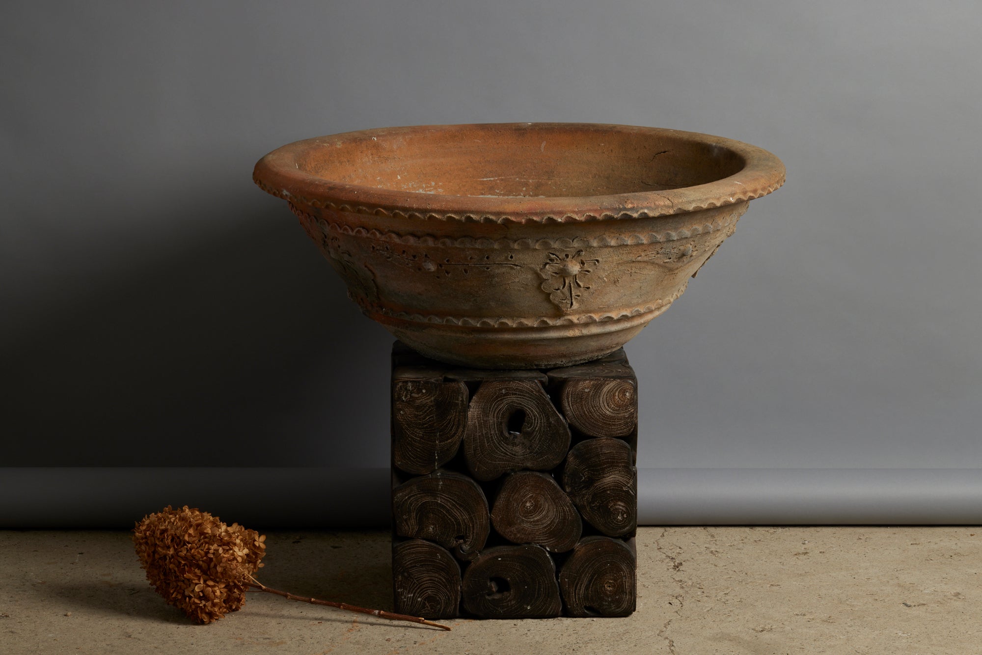 Very Large Shallow Decorated Terracotta Pot from Java