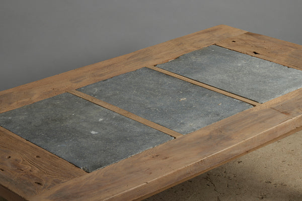 Teak Coffee Table with Three 17th Century Belgian Bluestone Panels