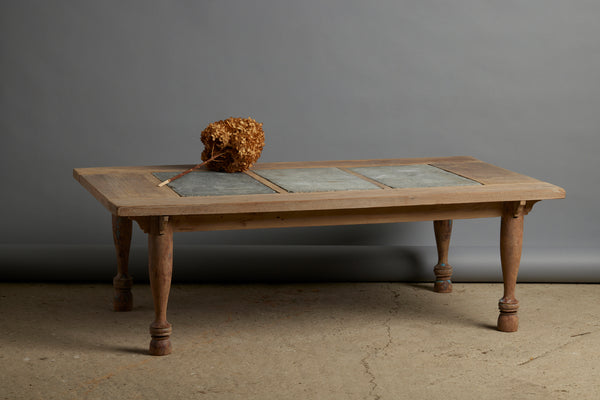 Teak Coffee Table with Three 17th Century Belgian Bluestone Panels