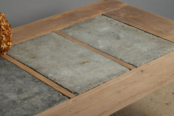 Teak Coffee Table with Three 17th Century Belgian Bluestone Panels