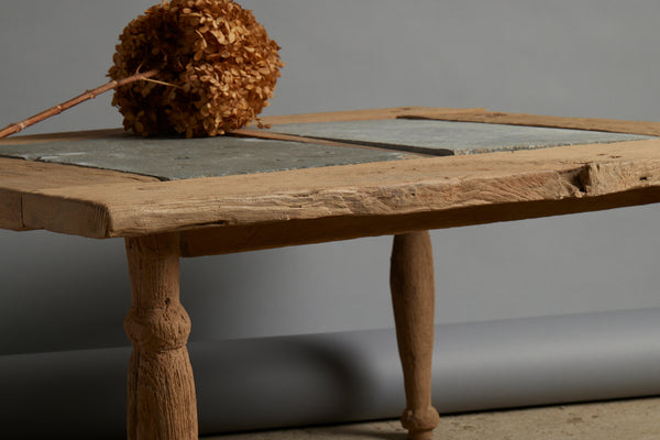 Teak Table with Two 17th Century Belgian Bluestone Panels