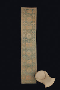 Pale Anatolian Runner with Repeating Medallions in Soft French Blue & Peach ................ (2' 8'' x 14' 7'')