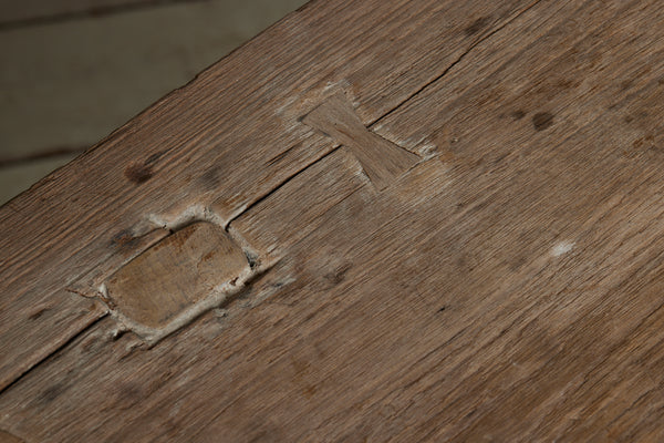 Weathered Teak Console with Old Butterfly Repairs to Top.