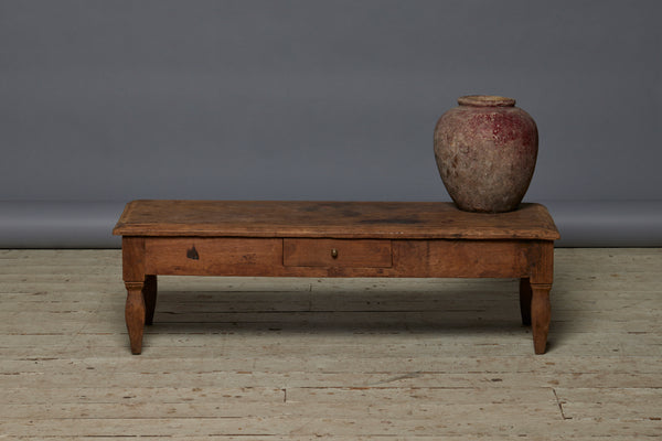 Long Low Teak Javanese One Drawer Coffee Table with Single Board Top & Square Tapered Legs