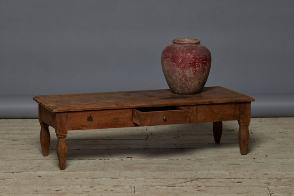 Long Low Teak Javanese One Drawer Coffee Table with Single Board Top & Square Tapered Legs