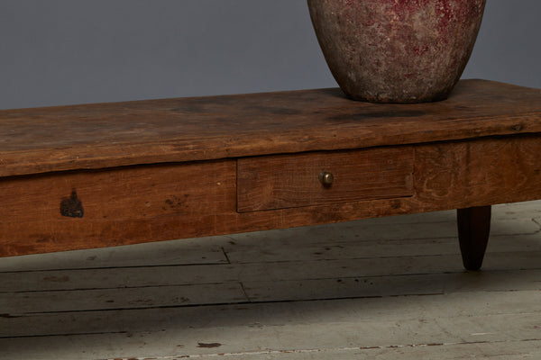 Long Low Teak Javanese One Drawer Coffee Table with Single Board Top & Square Tapered Legs