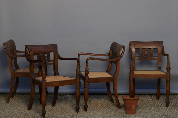 Set of 4 Teak & Rattan Ladderback Raffles Chairs from Jakarta