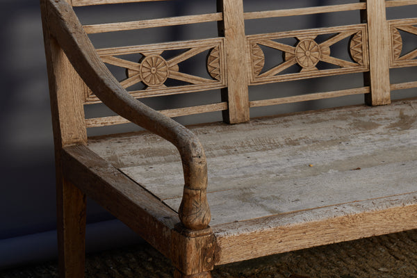 Tapered Leg 4 Part Carved Dutch Colonial Weathered Teak Bench from Jakarta