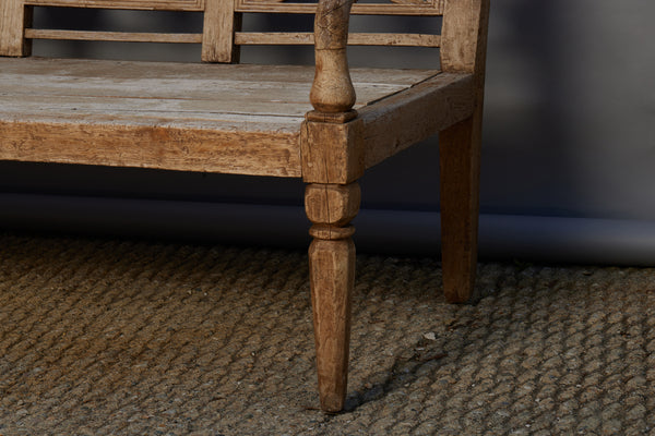 Tapered Leg 4 Part Carved Dutch Colonial Weathered Teak Bench from Jakarta
