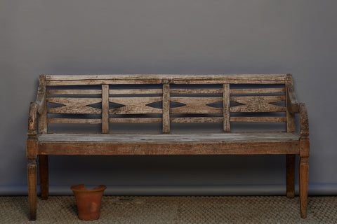 Simple Dutch Colonial Weathered Teak Bench from Sumatra with Square Tapered Leg
