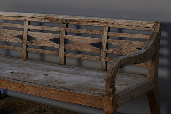 Simple Dutch Colonial Weathered Teak Bench from Sumatra with Square Tapered Leg