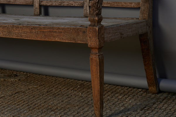 Simple Dutch Colonial Weathered Teak Bench from Sumatra with Square Tapered Leg