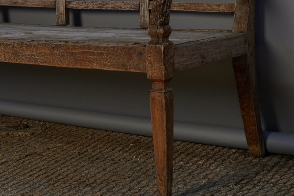 Simple Dutch Colonial Weathered Teak Bench from Sumatra with Square Tapered Leg