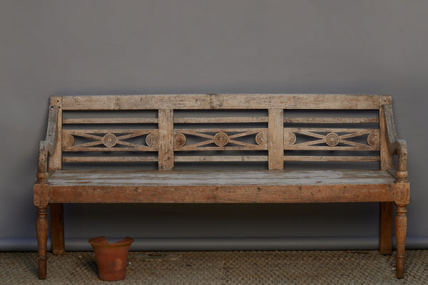 Heavy Long Dutch Colonial Teak Bench with a Carved Back & Weathered Surface from Java