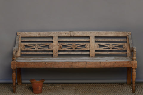 Heavy Long Dutch Colonial Teak Bench with a Carved Back & Weathered Surface from Java
