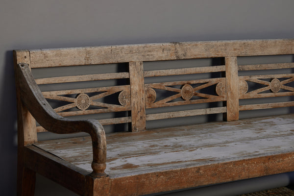 Heavy Long Dutch Colonial Teak Bench with a Carved Back & Weathered Surface from Java
