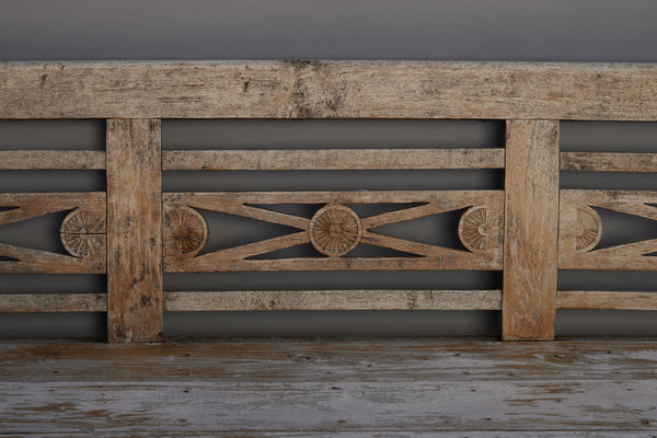 Heavy Long Dutch Colonial Teak Bench with a Carved Back & Weathered Surface from Java