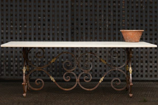 Early 20th Century French Dining Table of Wrought Iron & Bronze with Limestone Top
