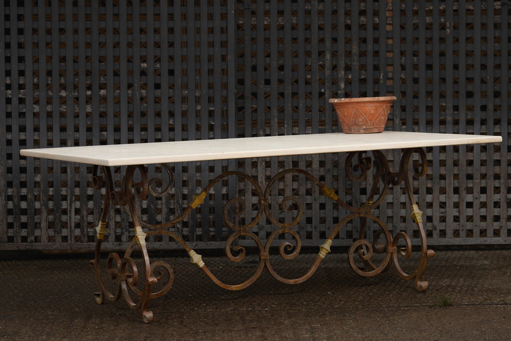 Early 20th Century French Dining Table of Wrought Iron & Bronze with Limestone Top