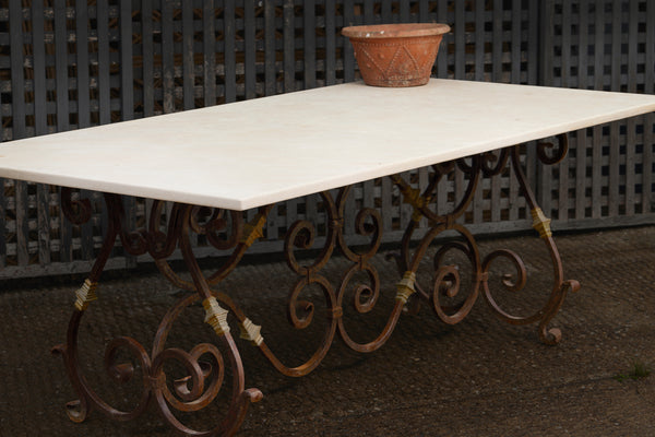 Early 20th Century French Dining Table of Wrought Iron & Bronze with Limestone Top
