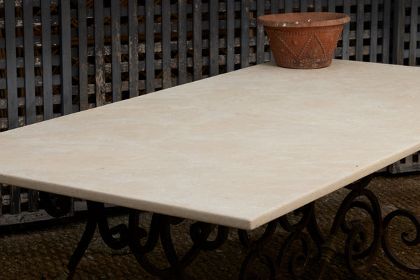 Early 20th Century French Dining Table of Wrought Iron & Bronze with Limestone Top
