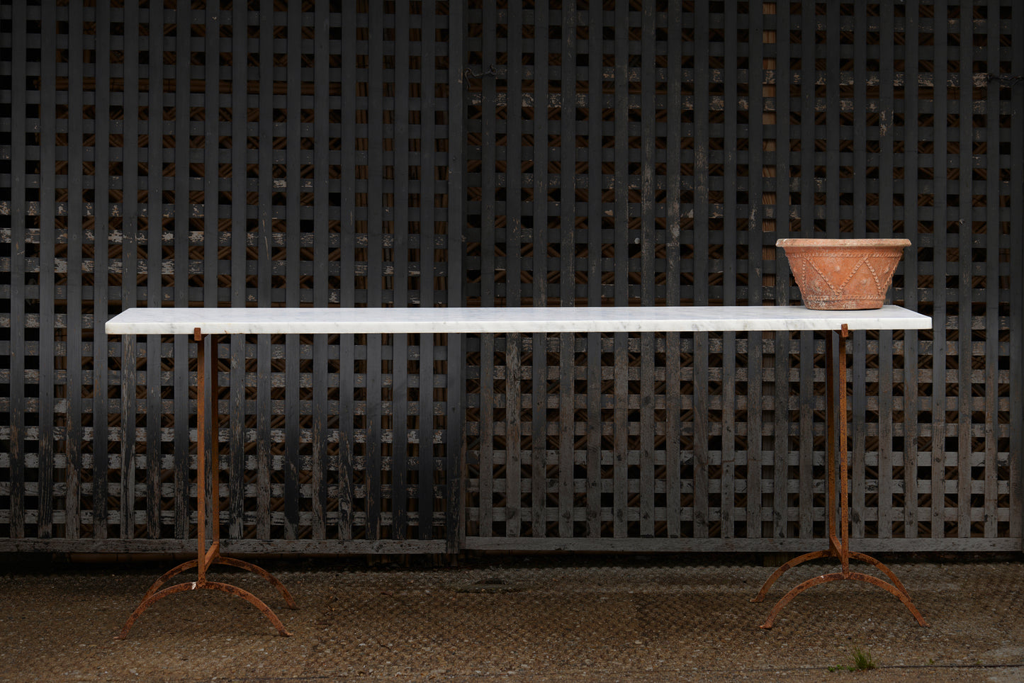 Spanish Mid 20th Century Console / Desk with Marble Top & Iron Saddle Bases