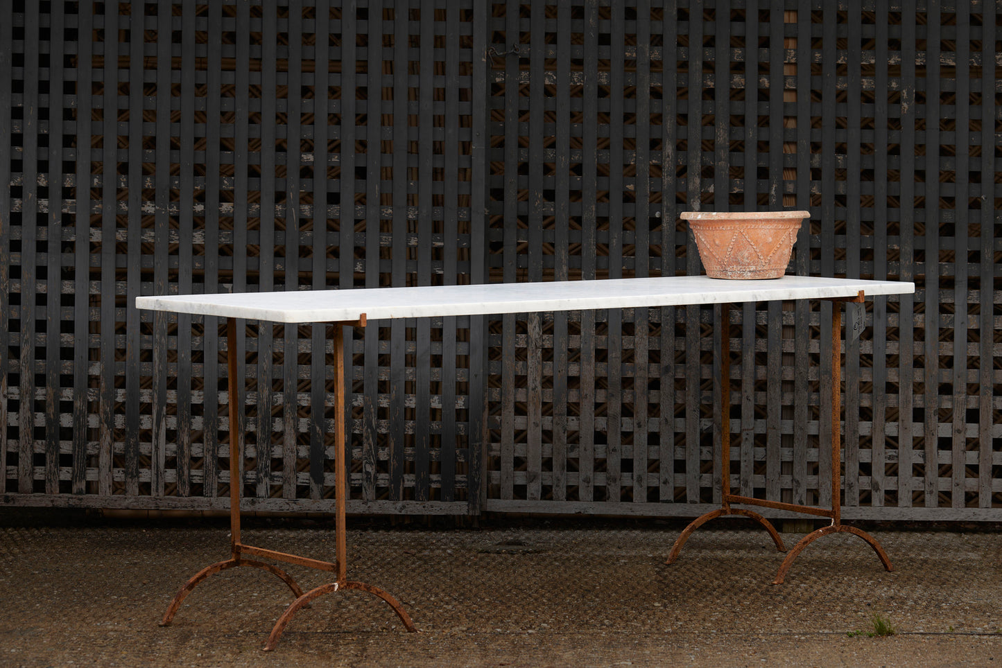 Spanish Mid 20th Century Console / Desk with Marble Top & Iron Saddle Bases