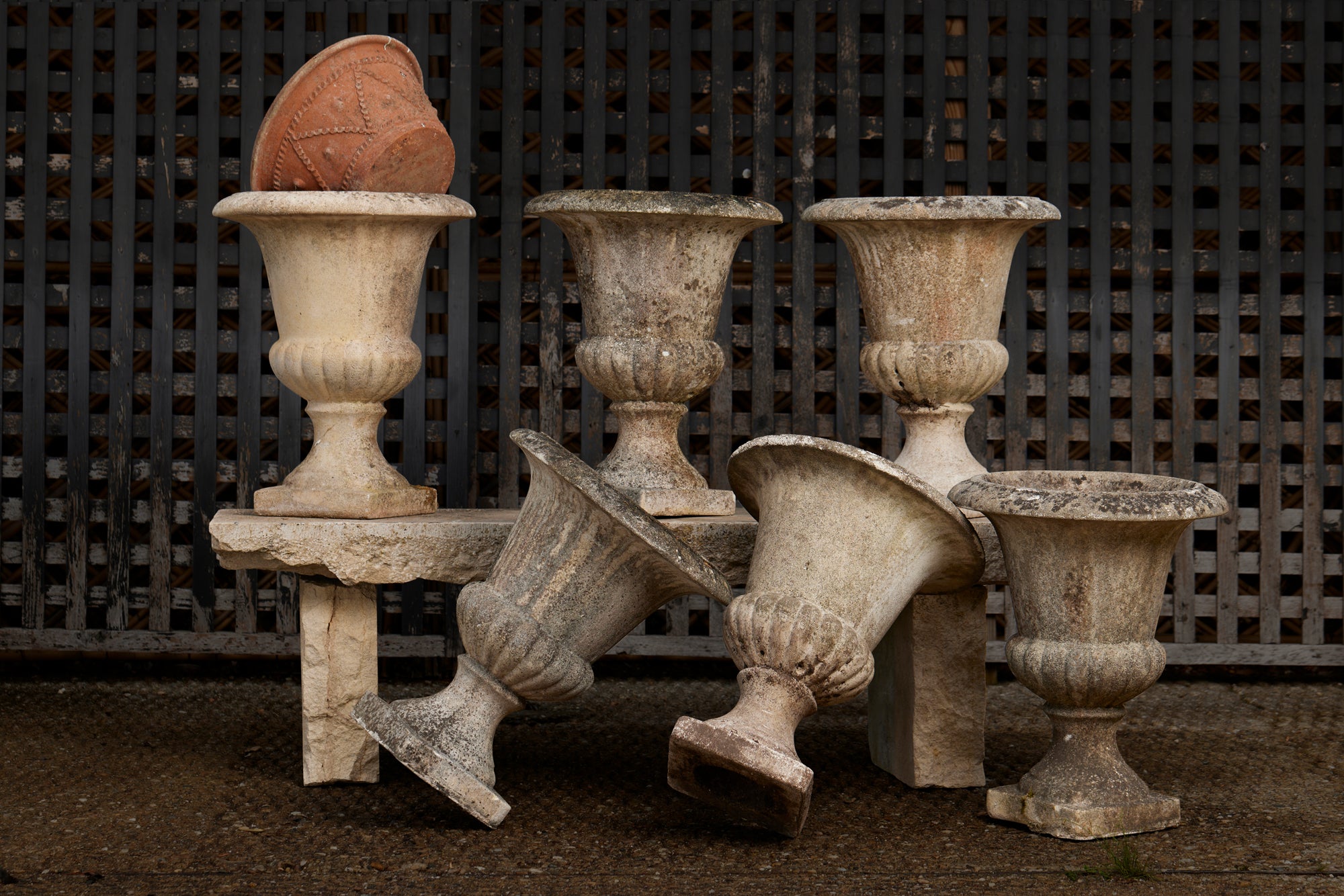 Set of Six Classical French Cast Stone Urns by Grandon Frères
