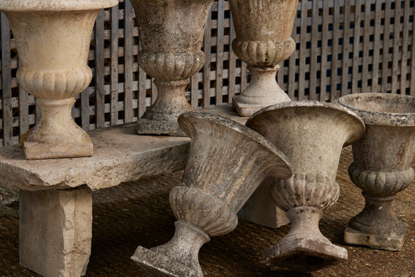 Set of Six Classical French Cast Stone Urns by Grandon Frères