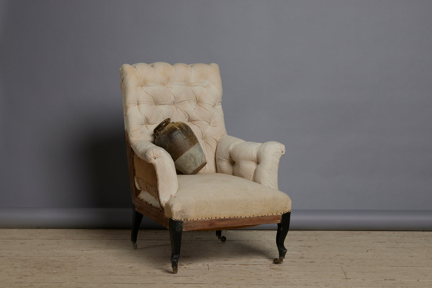 French Tuffed Square Back Upholstered Armchair with Ebonized Saber Legs