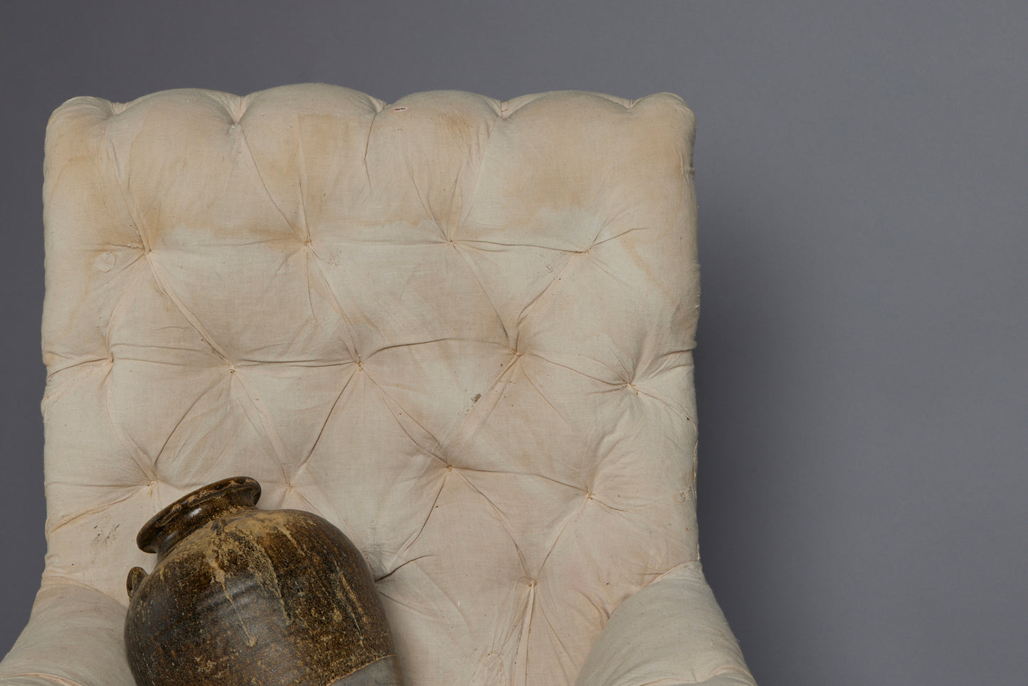 French Tuffed Square Back Upholstered Armchair with Ebonized Saber Legs