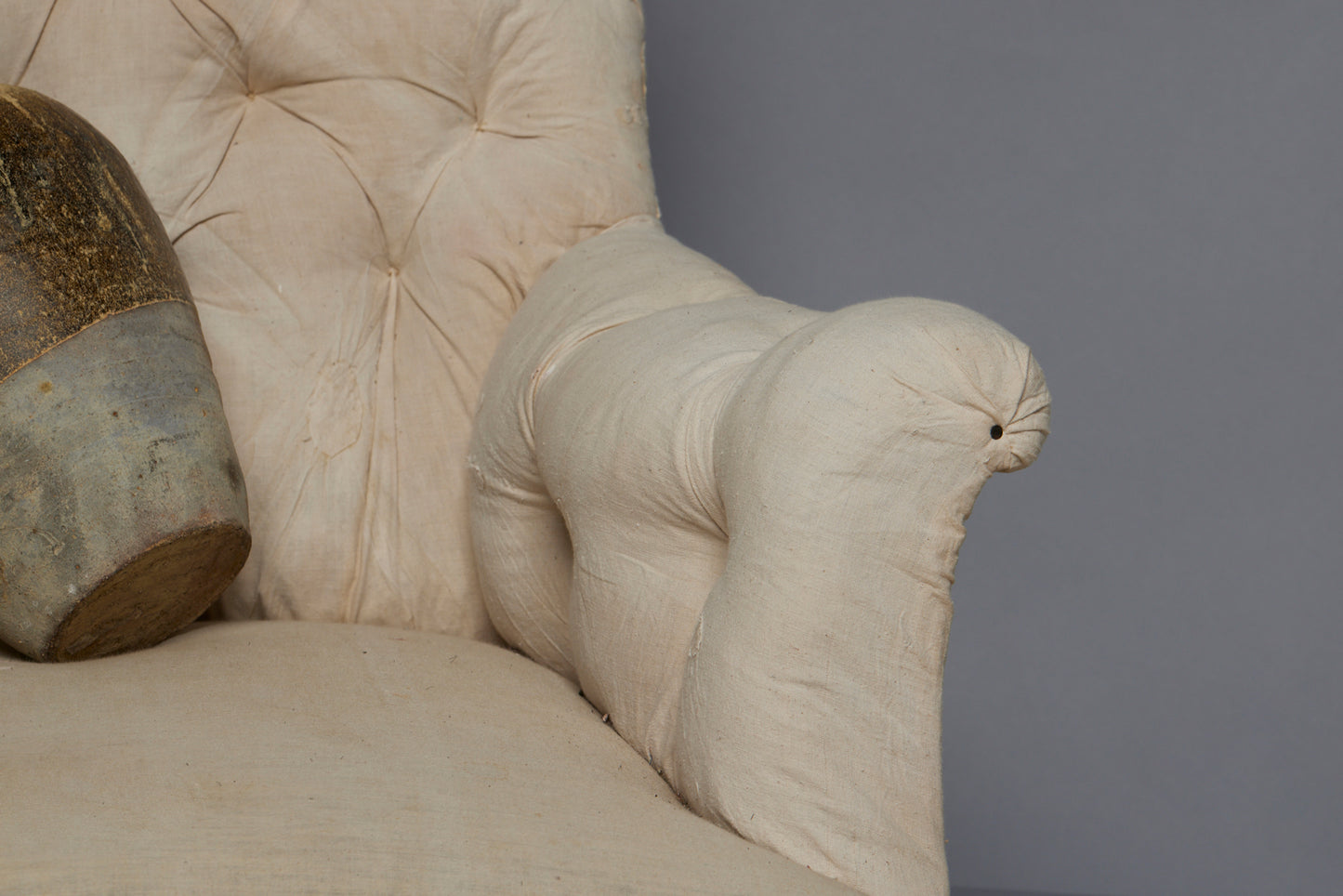 French Tuffed Square Back Upholstered Armchair with Ebonized Saber Legs