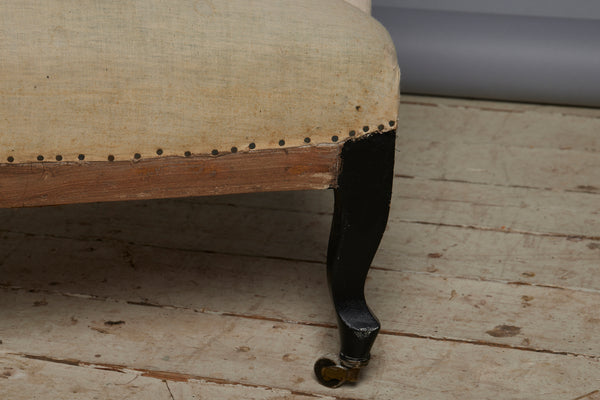 French Tuffed Square Back Upholstered Armchair with Ebonized Saber Legs