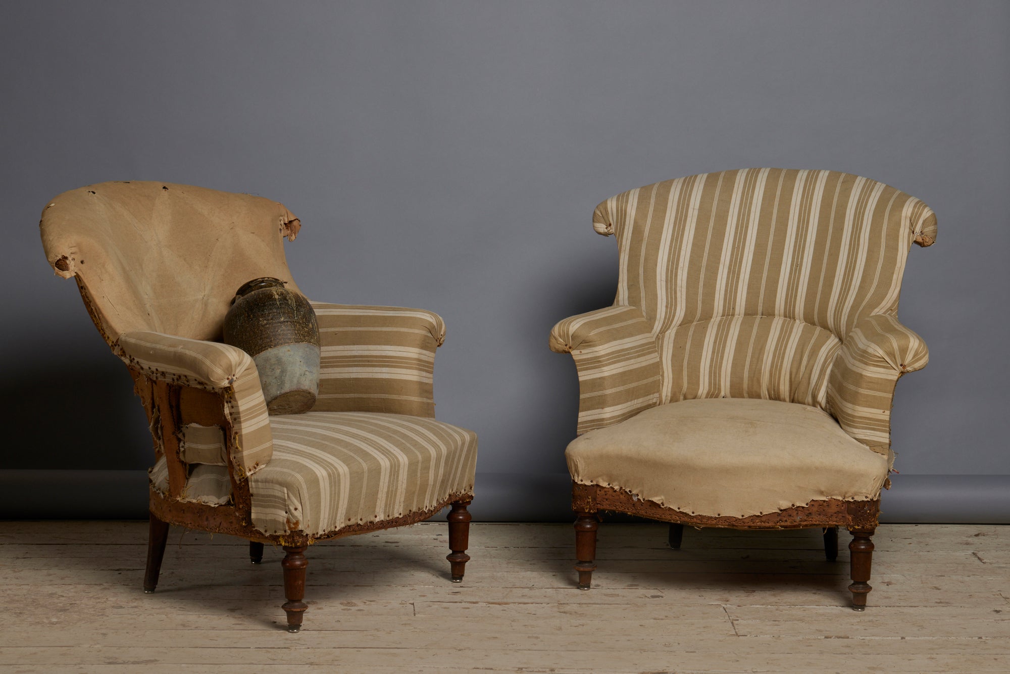 Pair of Small Edwardian Upholstered Chairs with Shaped Back & Turned Legs