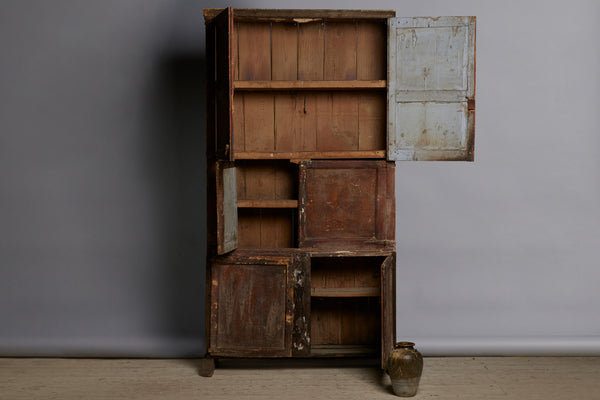17th Century Spanish 6 Door Monastery Cabinet on Shoe Feet with Faux Bois Painted Finish