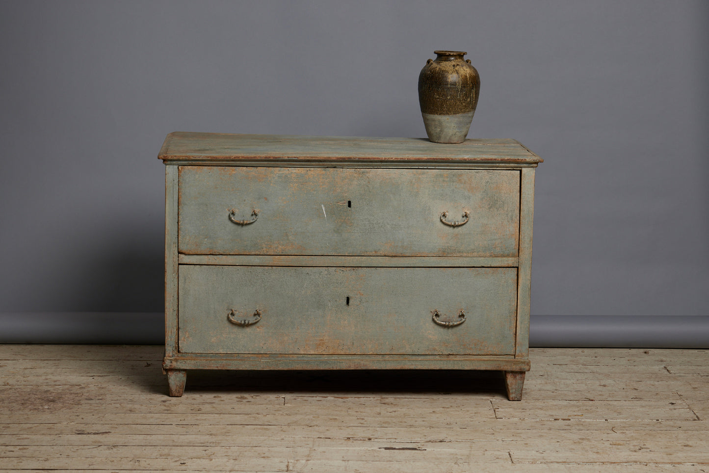 18th Century 2 Drawer Simple French Chest with Old Blue Grey Buttermilk Paint