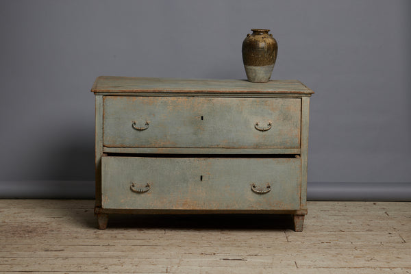 18th Century 2 Drawer Simple French Chest with Old Blue Grey Buttermilk Paint