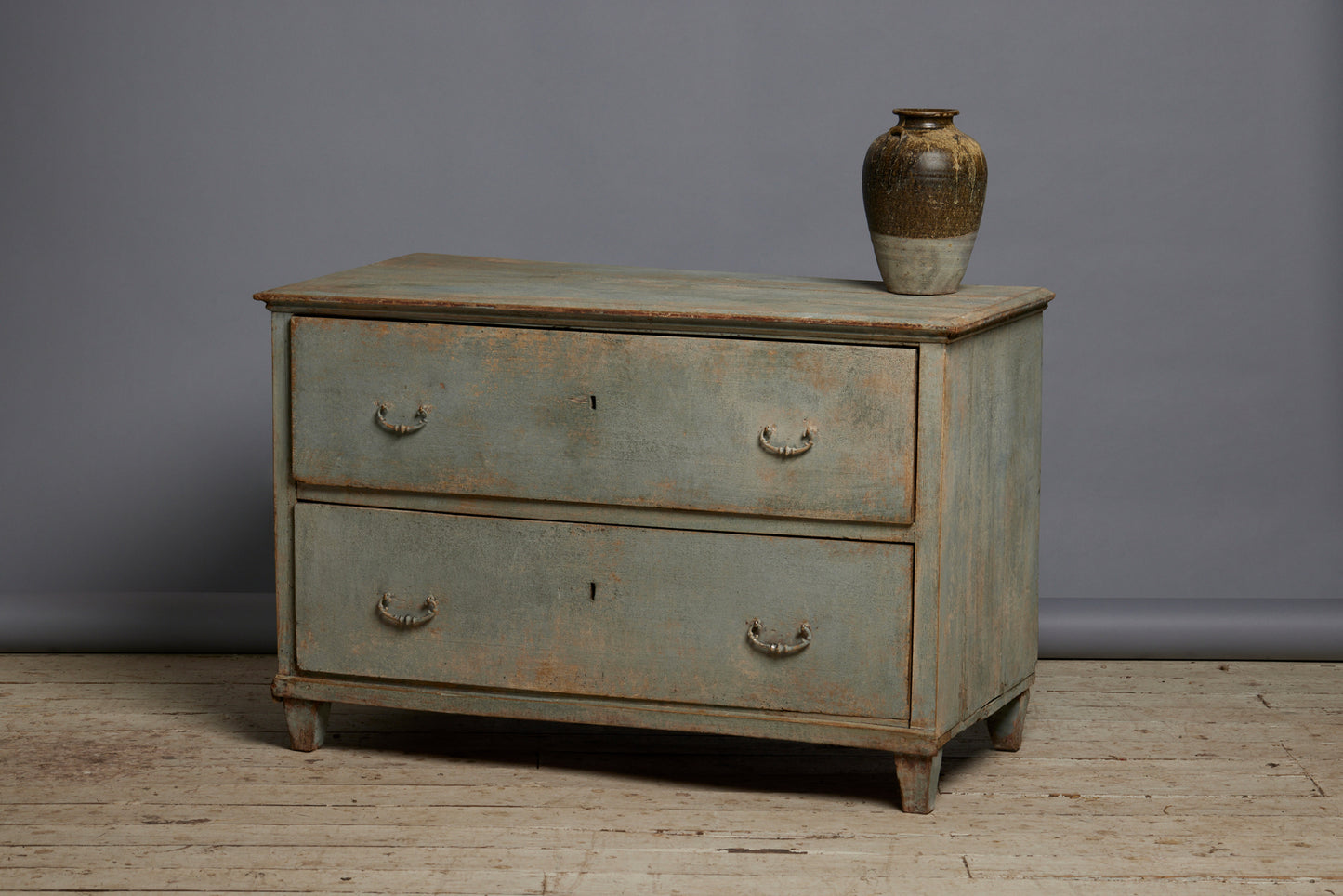 18th Century 2 Drawer Simple French Chest with Old Blue Grey Buttermilk Paint