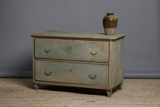 18th Century 2 Drawer Simple French Chest with Old Blue Grey Buttermilk Paint