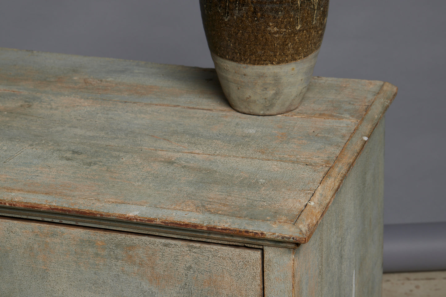 18th Century 2 Drawer Simple French Chest with Old Blue Grey Buttermilk Paint