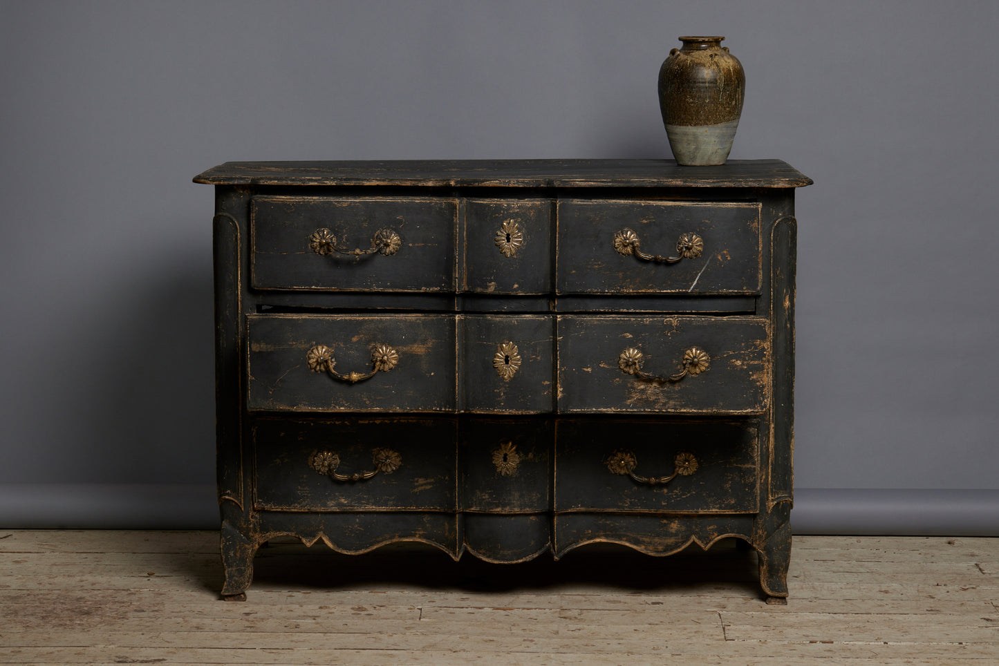 18th Century Three Drawer Provencal Walnut Chest in Old Blue Paint