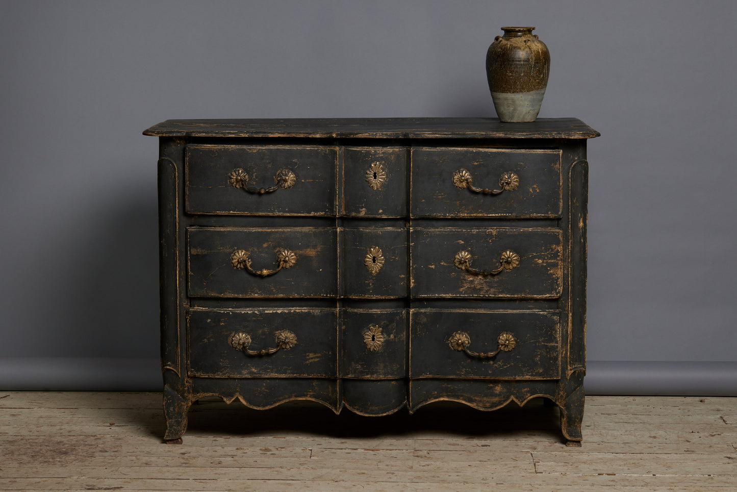18th Century Three Drawer Provencal Walnut Chest in Old Blue Paint
